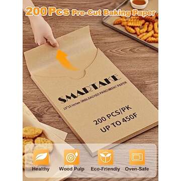 SMARTAKE 200 Pcs Parchment Paper Baking Sheets, 10x15 Inches Non-Stick Precut Baking Parchment, for Baking Grilling Air Fryer Steaming Bread Cup Cake Cookie and More (Unbleached)