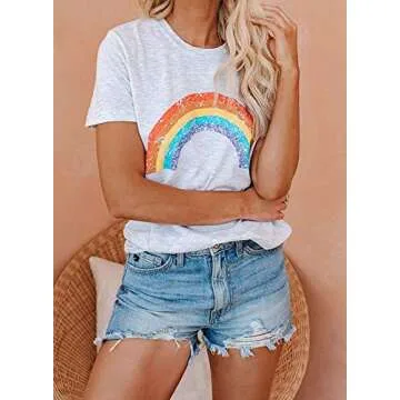 Uusollecy Womens Summer Tshirts Crewneck Short Sleeve Graphic Tee Shirts Loose Fit Ins Style Tees and Tops Rainbow Print Grey White Small