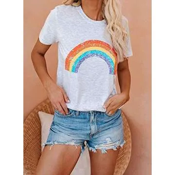 Uusollecy Womens Summer Tshirts Crewneck Short Sleeve Graphic Tee Shirts Loose Fit Ins Style Tees and Tops Rainbow Print Grey White Small