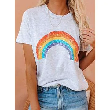 Uusollecy Womens Summer Tshirts Crewneck Short Sleeve Graphic Tee Shirts Loose Fit Ins Style Tees and Tops Rainbow Print Grey White Small