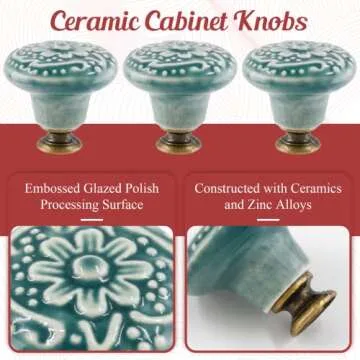 suiwotin 8pcs Green Ceramic Knobs, Vintage Kitchen Cabinet Knobs Pulls, Retro Ceramic Dresser Knobs, Decorative Drawer Pull Knob Handles for Closet, Cupboard, Furniture Door Knobs