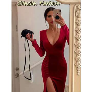 ZileZile Women's Sexy Bodycon Velvet Long Sleeve Deep V Neck High Slit Evening Gown Party Maxi Dresses WineRed