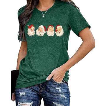 Retro Cheerful Santa Tshirt Women Santa Merry Christmas Shirt Vintage Santa Claus Graphic Tee Short Sleeve Xmas Tops (L, Green)