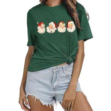 Retro Cheerful Santa Tshirt Women Santa Merry Christmas Shirt Vintage Santa Claus Graphic Tee Short Sleeve Xmas Tops (L, Green)