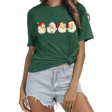 Retro Cheerful Santa Tshirt Women Santa Merry Christmas Shirt Vintage Santa Claus Graphic Tee Short Sleeve Xmas Tops (L, Green)