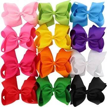 Big 8 Inches Hair Bows For Girls Grosgrain Boutique Hair Bow Clips For Teens Kids Toddlers 12 Pcs
