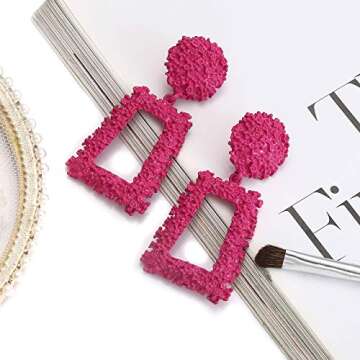 Boderier Rasied Statement Hot Pink Earrings Women Vintage Chunky Metal Textured Geometric Square Drop Door Knocker Earrings Set (Rose gold and hot pink)