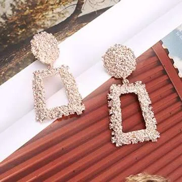 Boderier Rasied Statement Hot Pink Earrings Women Vintage Chunky Metal Textured Geometric Square Drop Door Knocker Earrings Set (Rose gold and hot pink)