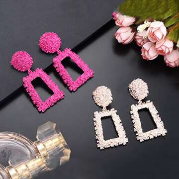 Boderier Rasied Statement Hot Pink Earrings Women Vintage Chunky Metal Textured Geometric Square Drop Door Knocker Earrings Set (Rose gold and hot pink)