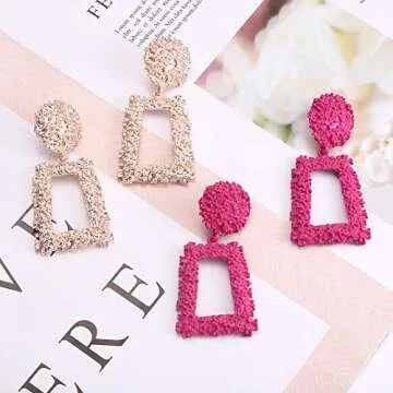 Boderier Rasied Statement Hot Pink Earrings Women Vintage Chunky Metal Textured Geometric Square Drop Door Knocker Earrings Set (Rose gold and hot pink)