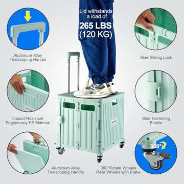 MACOPRO Folding Utility Cart Portable Rolling Crate Handcart Shopping Trolley Collapsible Tool Box, with Lid, Basket on 4 Rotate Wheels, for Grocery, Office, Teacher, Travel Shop Move Luggage (Green)