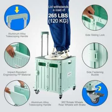 MACOPRO Folding Utility Cart Portable Rolling Crate Handcart Shopping Trolley Collapsible Tool Box, with Lid, Basket on 4 Rotate Wheels, for Grocery, Office, Teacher, Travel Shop Move Luggage (Green)