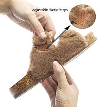 FITORY Womens Open Toe Slipper with Cozy Lining,Faux Rabbit Fur Cork Slide Sandals Brown Size 9