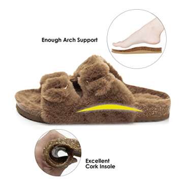 FITORY Womens Open Toe Slipper with Cozy Lining,Faux Rabbit Fur Cork Slide Sandals Brown Size 9