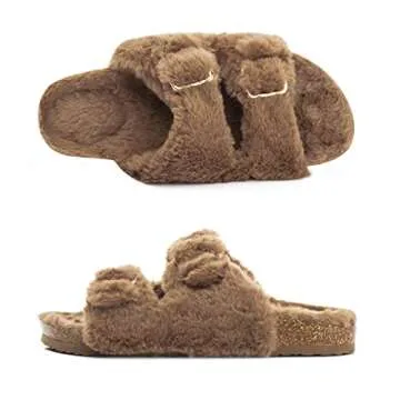 FITORY Womens Open Toe Slipper with Cozy Lining,Faux Rabbit Fur Cork Slide Sandals Brown Size 9