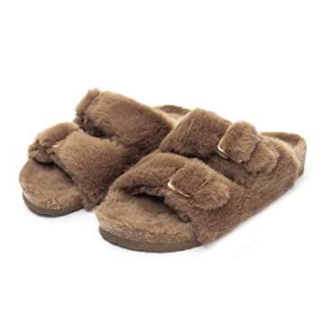 FITORY Womens Open Toe Slipper with Cozy Lining,Faux Rabbit Fur Cork Slide Sandals Brown Size 9