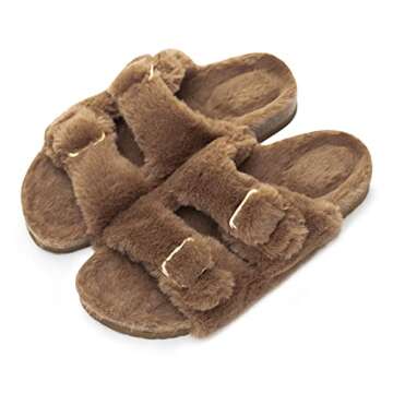 FITORY Womens Open Toe Slipper with Cozy Lining,Faux Rabbit Fur Cork Slide Sandals Brown Size 9