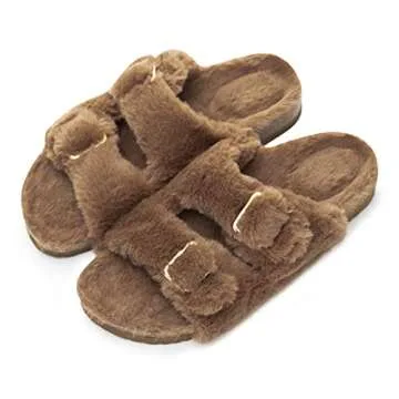 FITORY Womens Open Toe Slipper with Cozy Lining,Faux Rabbit Fur Cork Slide Sandals Brown Size 9