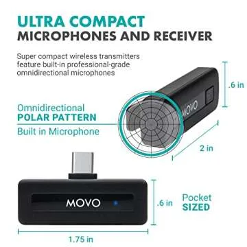Movo Wireless Mini UC Duo Wireless Microphone for Android - Ultracompact Mic for Android with Clip on Wireless USB-C Microphone for Android - (10HR Battery Life, 164ft Range)
