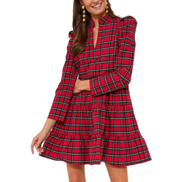 Chic 100% Cotton Women's Plaid Print Tunic Dress with Pockets