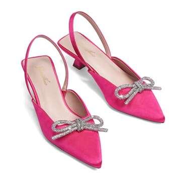 GENSHUO Slingback Rhinestone Bow Heels for Women Closed Pointed Toe Kitten Pumps Slip On Stilettos W...