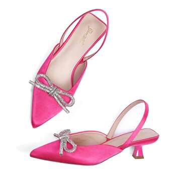 GENSHUO Slingback Rhinestone Bow Heels for Women Closed Pointed Toe Kitten Pumps Slip On Stilettos Wedding Bride Dress Shoes Satin Pink Size 7