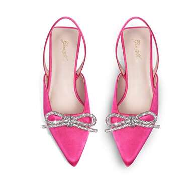 GENSHUO Slingback Rhinestone Bow Heels for Women Closed Pointed Toe Kitten Pumps Slip On Stilettos Wedding Bride Dress Shoes Satin Pink Size 7