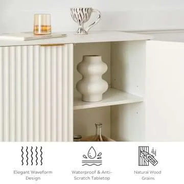 EYYTHUNG Fluted Storage Cabinet Sideboard Buffet Cabinet, Modern Accent Cabinet with Adjustable Shelves, Wooden Credenza, Console Table Entryway Cabinet for Living Dining Room, White