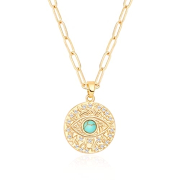 Aobei Pearl Micro Pave CZ Evil Eye Medallion Necklace 18k Gold Paper Clip Chain Coin Pendant Necklac...