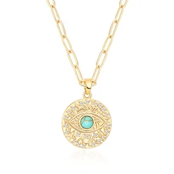 Aobei Pearl Micro Pave CZ Evil Eye Medallion Necklace 18k Gold Paper Clip Chain Coin Pendant Necklac...