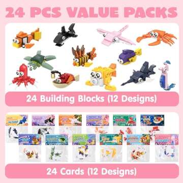JOYIN 24 Packs Valentines Day Cards with Ocean Animal Building Block for Party Gifts, Kids Classroom...
