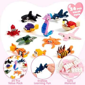 JOYIN 24 Packs Valentines Day Cards with Ocean Animal Building Block for Party Gifts, Kids Classroom Exchange, Prize Supplies, School Rewards, Valentine's Day Gift Cards for Kids