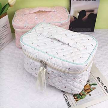 Duolan Cotton Makeup bag 2Pcs Quilted Makeup Bag Set Large Makeup bag Travel Cosmetic Organizer for ...