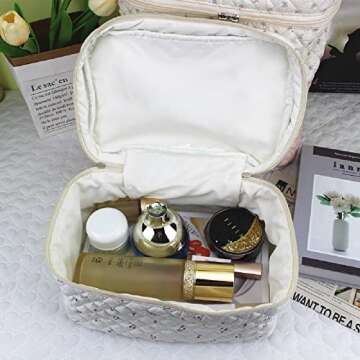 Duolan Cotton Makeup bag 2Pcs Quilted Makeup Bag Set Large Makeup bag Travel Cosmetic Organizer for Women (B/White)