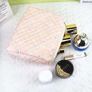 Duolan Cotton Makeup bag 2Pcs Quilted Makeup Bag Set Large Makeup bag Travel Cosmetic Organizer for Women (B/White)