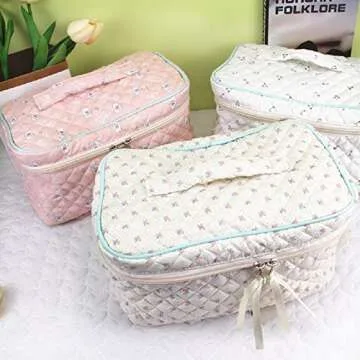 Duolan Cotton Makeup bag 2Pcs Quilted Makeup Bag Set Large Makeup bag Travel Cosmetic Organizer for Women (B/White)