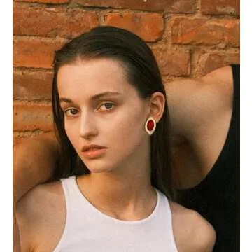 Aprilery Chunky Gold Earrings for Women, Trendy Vintage 14K Gold Plated Black Cubic Zirconia Enamel Stud Statement Earrings Dupes Jewelry for Women Gifts for Her (Red Geometric)