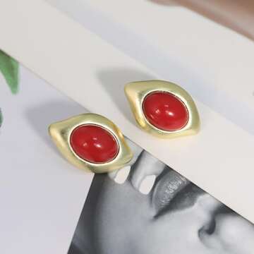 Aprilery Chunky Gold Earrings for Women, Trendy Vintage 14K Gold Plated Black Cubic Zirconia Enamel Stud Statement Earrings Dupes Jewelry for Women Gifts for Her (Red Geometric)