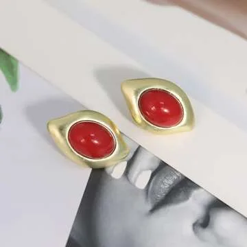 Aprilery Chunky Gold Earrings for Women, Trendy Vintage 14K Gold Plated Black Cubic Zirconia Enamel Stud Statement Earrings Dupes Jewelry for Women Gifts for Her (Red Geometric)