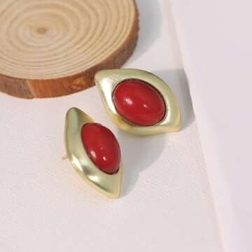 Aprilery Chunky Gold Earrings for Women, Trendy Vintage 14K Gold Plated Black Cubic Zirconia Enamel Stud Statement Earrings Dupes Jewelry for Women Gifts for Her (Red Geometric)