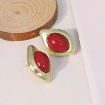 Aprilery Chunky Gold Earrings for Women, Trendy Vintage 14K Gold Plated Black Cubic Zirconia Enamel Stud Statement Earrings Dupes Jewelry for Women Gifts for Her (Red Geometric)