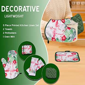 Lobyn Value Packs - 5 Piece Tropical Kitchen Towel Set: Features Flock of Pink Flamingos, 2 Decorati...
