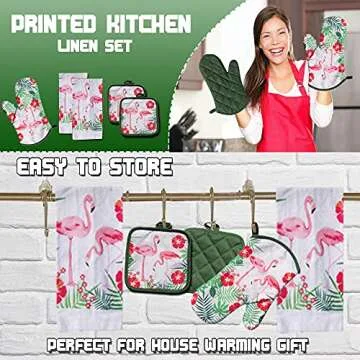 5 Piece Tropical Kitchen Towel Set with Pink Flamingos
