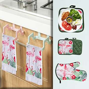 Lobyn Value Packs - 5 Piece Tropical Kitchen Towel Set: Features Flock of Pink Flamingos, 2 Decorative Dish Towels, 1 Oven Mitt, and 2 Potholders