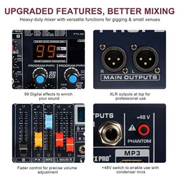 Professional DJ Audio Mixer, Phenyx Pro Sound Mixer, 8-Channel Sound Board Mixer Audio w/USB Audio Interface, USB-B Recording, BT Function, 99 DSP Effects, 3-Band EQ, For Studio, Stage (PTX-30)