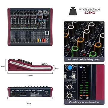 Professional DJ Audio Mixer, Phenyx Pro Sound Mixer, 8-Channel Sound Board Mixer Audio w/USB Audio Interface, USB-B Recording, BT Function, 99 DSP Effects, 3-Band EQ, For Studio, Stage (PTX-30)