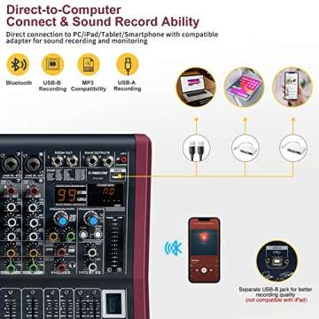 Professional DJ Audio Mixer, Phenyx Pro Sound Mixer, 8-Channel Sound Board Mixer Audio w/USB Audio Interface, USB-B Recording, BT Function, 99 DSP Effects, 3-Band EQ, For Studio, Stage (PTX-30)