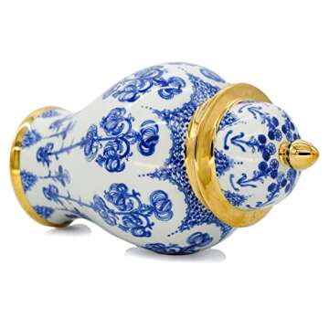 BALIOS Decor Handmade Gold Trim Blue and White Porcelain Fuchsia Flowers Ginger Jar with Lid, 9.1”...