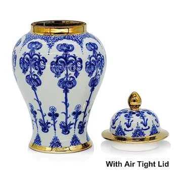 BALIOS Decor Handmade Gold Trim Blue and White Porcelain Fuchsia Flowers Ginger Jar with Lid, 9.1”H x 4.9”W, Decorative Ceramic Bud Vase for Home Décor
