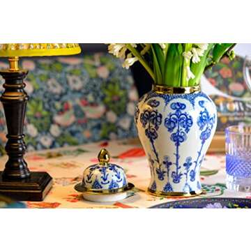 BALIOS Decor Handmade Gold Trim Blue and White Porcelain Fuchsia Flowers Ginger Jar with Lid, 9.1”H x 4.9”W, Decorative Ceramic Bud Vase for Home Décor